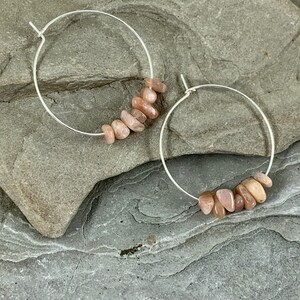 Sunstone Silver Hoops, Sterling Silver Beaded Hoop Earrings, Genuine Gemstone, 35mm Medium Hoops, Hypoallergenic Lightweight image 7