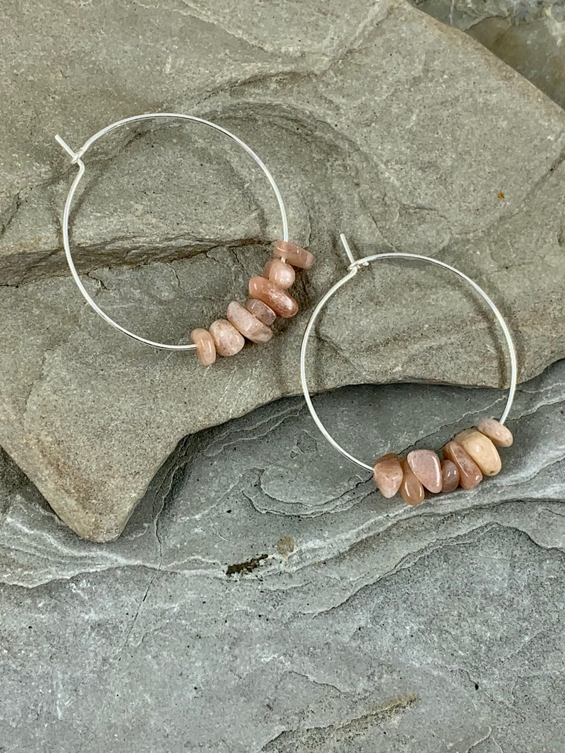 Sunstone Silver Hoops, Sterling Silver Beaded Hoop Earrings, Genuine Gemstone, 35mm Medium Hoops, Hypoallergenic Lightweight image 7