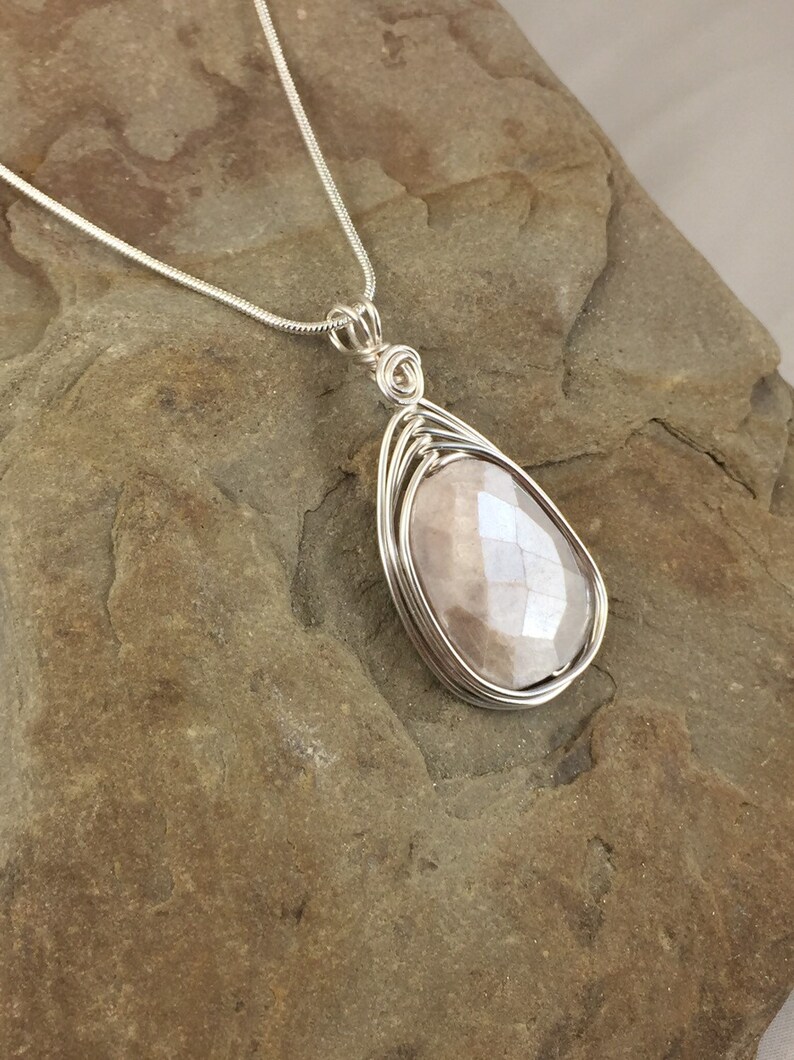 Large Faceted Moonstone Necklace Silver Moonstone Pendant Etsy