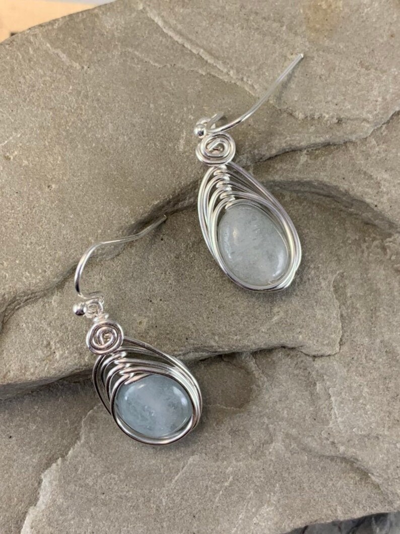 Natural Aquamarine Earrings Silver, Genuine Aquamarine drop earrings, March Birthstone image 1