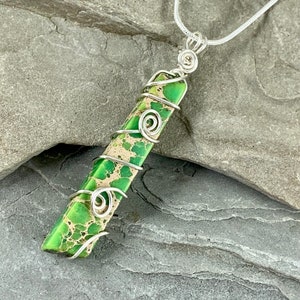 Green Sea Sediment Jasper Necklace, Terra Jasper Long Stone Pendant, Wire Wrapped Bohemian Jewelry Gift for Her, Wire Wrap Pendant image 5