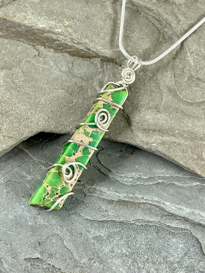 Green Sea Sediment Jasper Necklace, Terra Jasper Long Stone Pendant, Wire Wrapped Bohemian Jewelry Gift for Her, Wire Wrap Pendant image 5