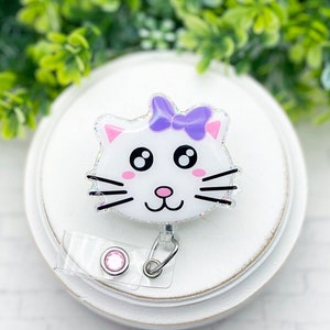 Cat Face Badge Reel, Retractable Glitter Badge Reel, RN ID Badge Holder