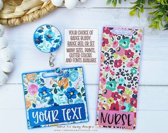 Custom Badge Buddy and/or Badge Reel - You Pick Size, Print, Glitter & Font, Glitter Badge Buddy, Nurse Badge Buddy, Teacher Badge Reel