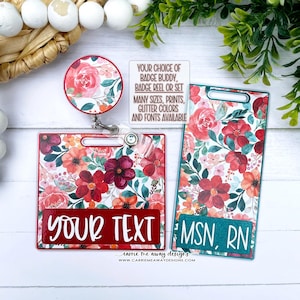 Red Watercolor Flowers Badge Buddy and/or Badge Reel, Glitter Badge Buddy, Nurse Badge Buddy