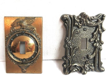 Salvege pair of brass wall mount light switch plates, Some age patina but good used condition.