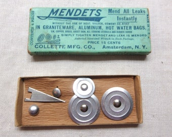 Collette Mfg Co Mendets, Made in Amsterdam, NY. These were advertised as a repair for holes in pots and pans, water bottles, etc. Untested,