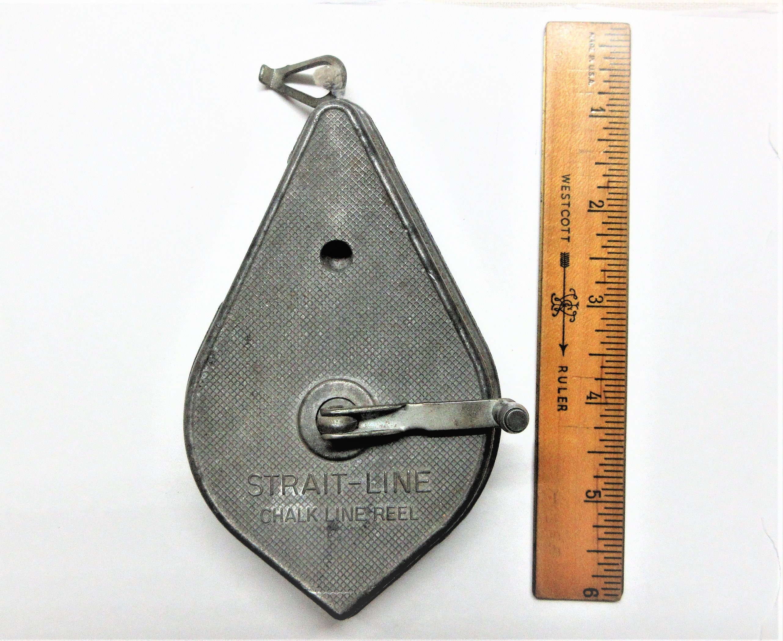 Vintage Irwin Strait-Line plumb bob, chalk line reel. Made in USA. It has  blue chalk in it and is in good used condition
