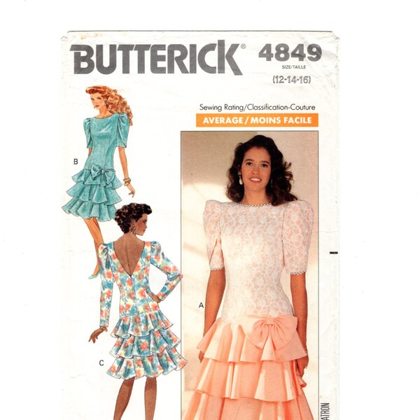 Sewing Pattern for Women Misses Dress with Cut-In Shoulders Back V-Neck Tiered Flounces Dropped Waist Butterick 4849 Size 12-14-16 Uncut F/F