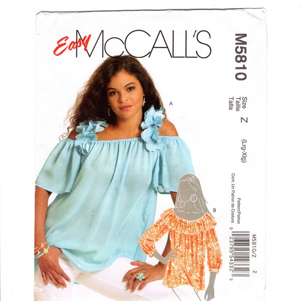 Sewing Pattern for Women, Casual Tops with Neckline Elastic Casing, Raglan Sleeves, Boho McCalls M5810 Size L-XL, Size 16-18-20-22 Uncut F/F