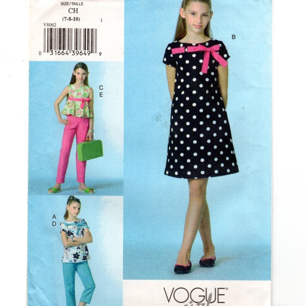 Sewing Pattern for Girls, Top Sleeveless or Short Sleeves, Dress with Short Sleeves, and Pants, Vogue V8062 Size 7-8-10 Vogue Girl Uncut F/F