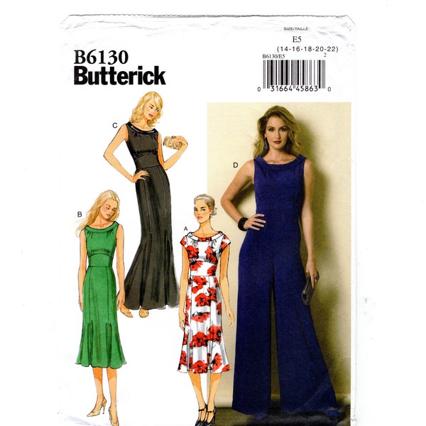 Easy Sewing Pattern for Women's Formal Dress and Wide-Legged Jumpsuit, Semi-Forml Dress Butterick B6130 Size 6-14 or 14-22 Uncut F/F