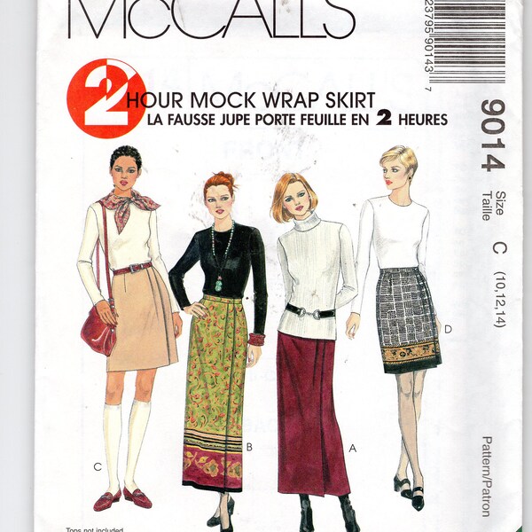 Misses Lined Mock Wrap Skirt Two Lengths Above Mid-Knee or Below Mid-Calf McCalls Pattern 9014 Size 10-12-14 Front Pleat Button Closure