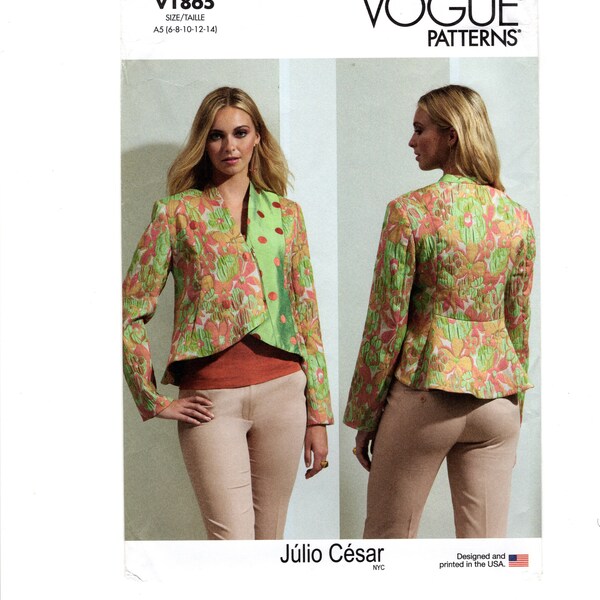 Sewing Pattern for Womens Lined Jacket with Back Peplum and Asymmetric Contrast Front Vogue V1865 Size 6-14 or 16-24 Julio Cesar Uncut F/F