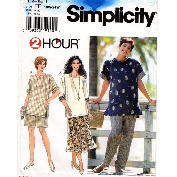 Sewing Pattern for Women, Pullover Top, Pull-On Pants, Shorts and Skirt, Simplicity 7221 Size 18W-20W-22W-24W Uncut F/F