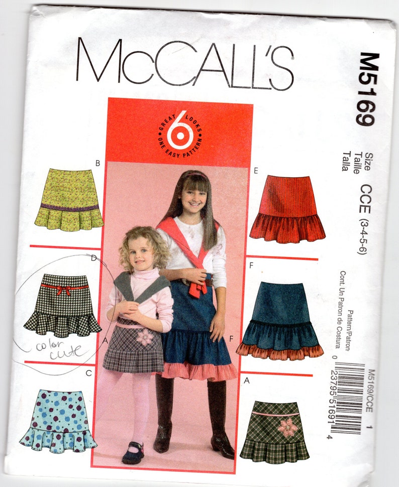 Childrens Girls Skirts With Flounce or Ruffle Variations Lace Trim Ribbon Trim Contrast Lower Ruffle McCalls Pattern M5169 Size 3-4-5-6