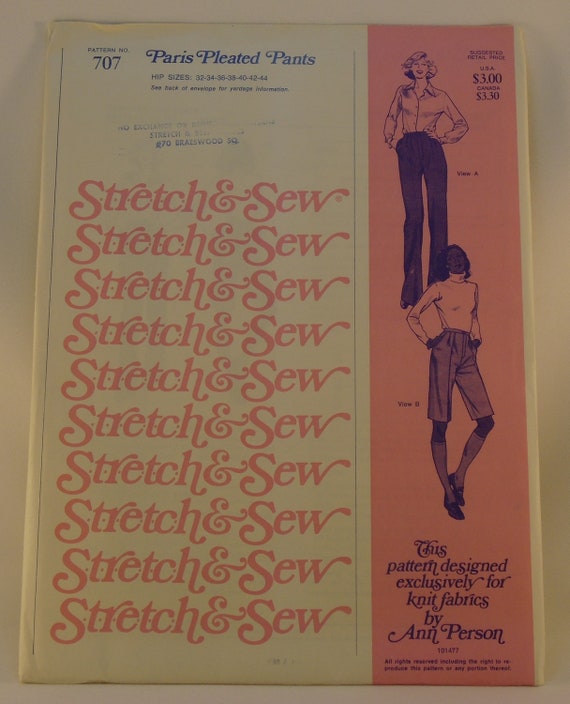 Stretch & Sew 707 Paris Pleated Pants Hip Sizes: 32-34-36-38-40-42-44 Ann  Person Long Pants Walking Shorts Continental Pockets Pleats -  Canada