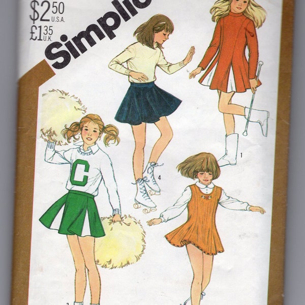 Girls Cheerleader and Skating Costumes Size 7-8 Dress Jumper Skirts Shorts Sleeveless Long Sleeves Simplicity Pattern 5597 Contrast Godets