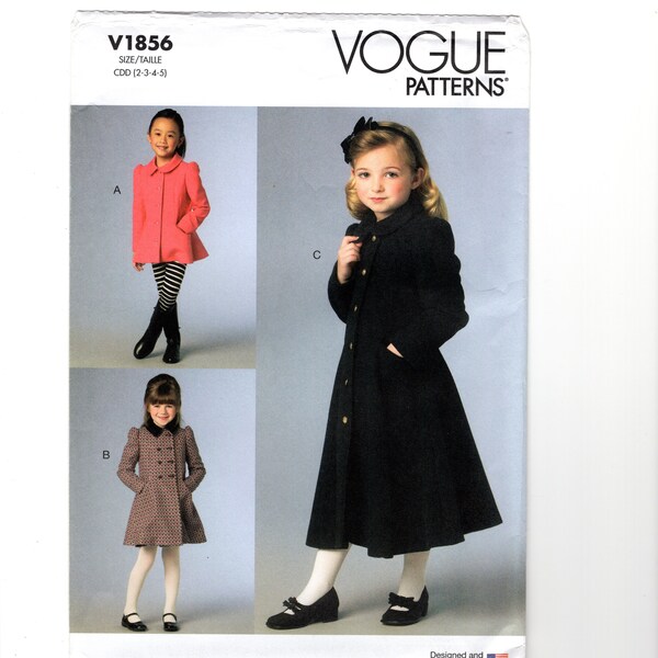 Sewing Pattern for Children and Girls Winter Jacket and Coat Lined, Fitted, Double or Single-Breasted Vogue V1856 Size 2-3-4-5 Uncut F/F