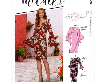 Easy Dress Sewing Pattern for Women, Simple Shift Dress with Sleeve Flounces, McCalls M8166 Size 6-14 or 14-22 Learn to Sew Uncut F/F
