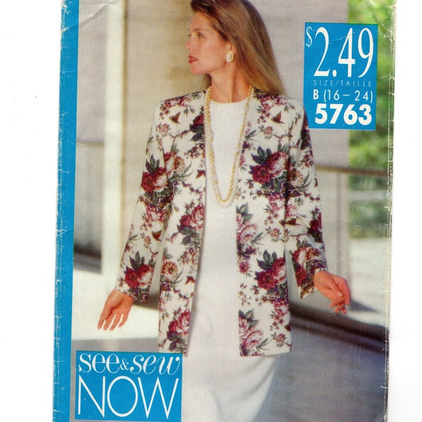 Vintage Sewing Pattern for Women, Open Front Jacket and Short Sleeve Sheath Dress, Butterick 5763 Size 16-24,See & Sew Now, Uncut F/F