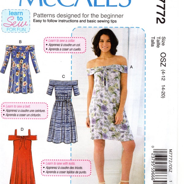 Sewing Pattern for Womens Summer Dress with Belt, Off-the-Shoulder, Elasticized Neckline and Collar McCalls M7772 Size: 4-20 Uncut F/F
