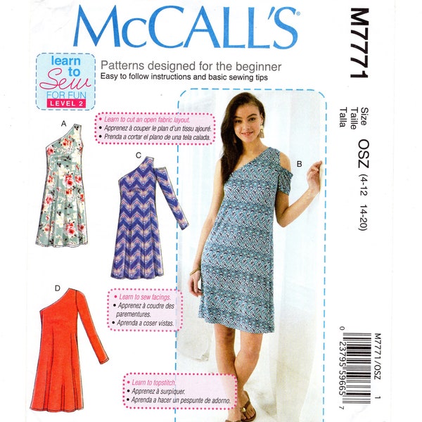 Sewing Pattern for Women Misses Close-Fitting Dress Open Shoulder Long Short Sleeve or Below Elbow Sleeves McCalls M7771 Size 4-20 Uncut F/F