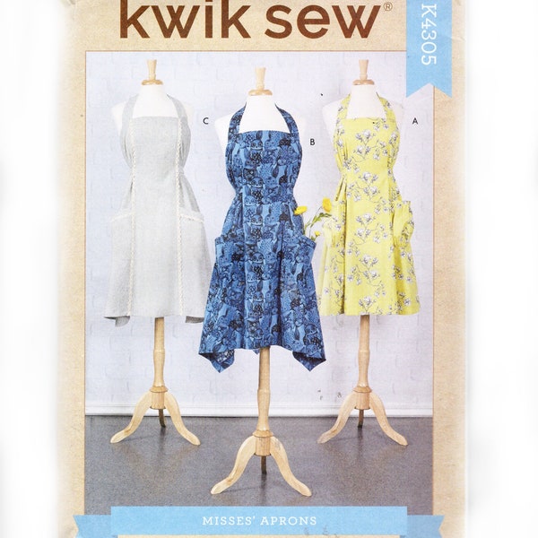 Sewing Pattern for Aprons With Carriers, Neck Bands, Two Front Pockets Vintage Style Apron Kwik Sew K4305 Size XS-S-M-L-XL Uncut F/F