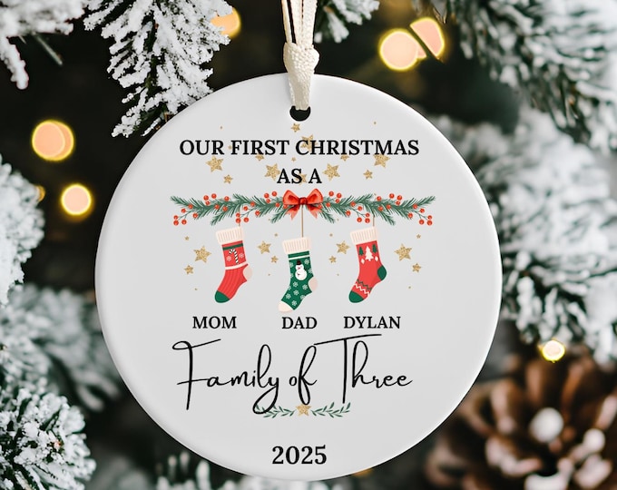 Personalized First Christmas Ornament:  Names on  Stockings Ceramic Ornament