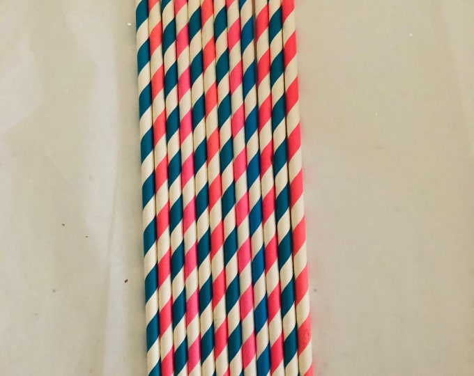 Navy Blue and Hot Pink Stripe Paper Straws, Biodegradable Straws, Gifts