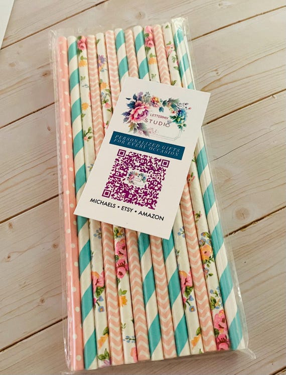 Aqua and Pink Floral Paper Straws, Garden Party, Biodegradable Straws, Gifts