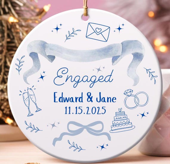 Personalized First Christmas Engaged Ornament: Blue Toile Heart Locket