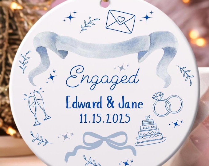 Personalized First Christmas Engaged Ornament: Blue Toile Heart Locket