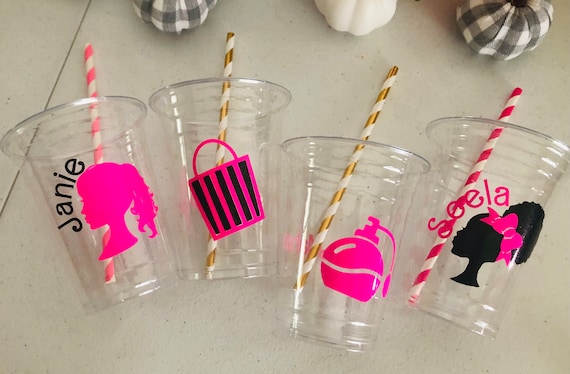 Doll Party Cups: Pink & Black Theme, Biodegradable Straws