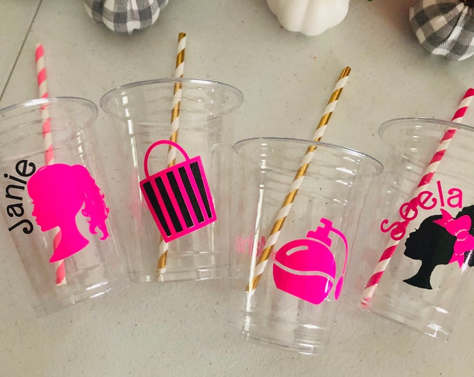 Doll Party Cups: Pink & Black Theme, Biodegradable Straws