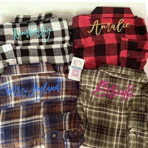 Tan Plaid Button down Bridesmaid flannel shirts, Matching Bridal party shirts, Names on Sleeves
