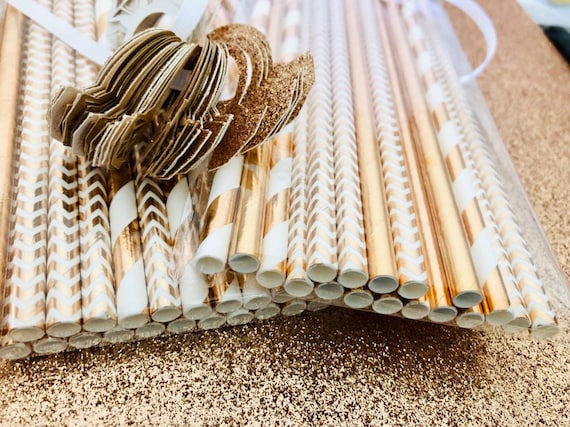 Rose Gold Paper Straws, Bridal Shower Bachelorette Party Decor