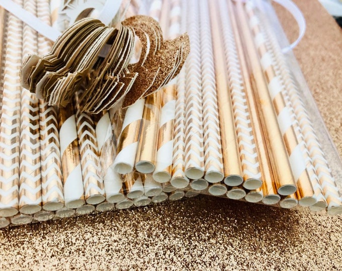 Rose Gold Paper Straws, Bridal Shower Bachelorette Party Decor