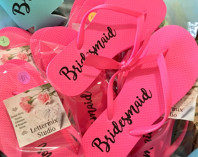 Personalized Hot Pink Bridal Party Flip Flops, Bridesmaid Favors, Wedding Dancing Shoes