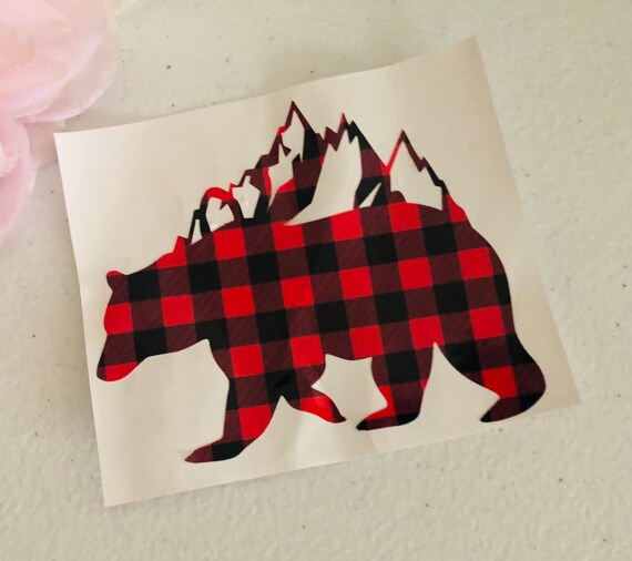 Buffalo Plaid Bear Decal, Mountain Silhouette (Personalized Name)