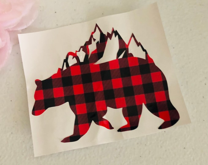 Buffalo Plaid Bear Decal, Mountain Silhouette (Personalized Name)