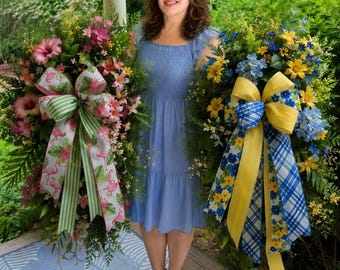 Summer Floral Swag Wreath, Velvet and Blue Toile Luxury Wreath with Gemstones