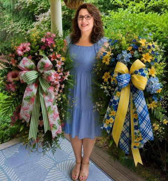 Summer Floral Swag Wreath, Velvet and Blue Toile Luxury Wreath with Gemstones