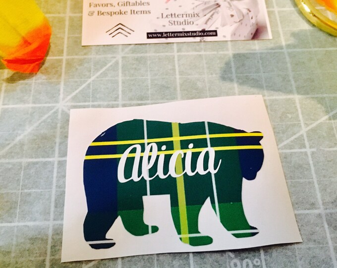 Personalized Tartan Plaid Bear Decal, Laptop, Car Window