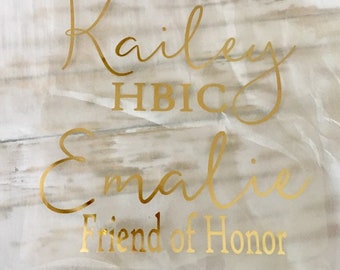 Calligraphy Iron On, Gold Foil Wedding Titles (Custom Name Heat Transfer)