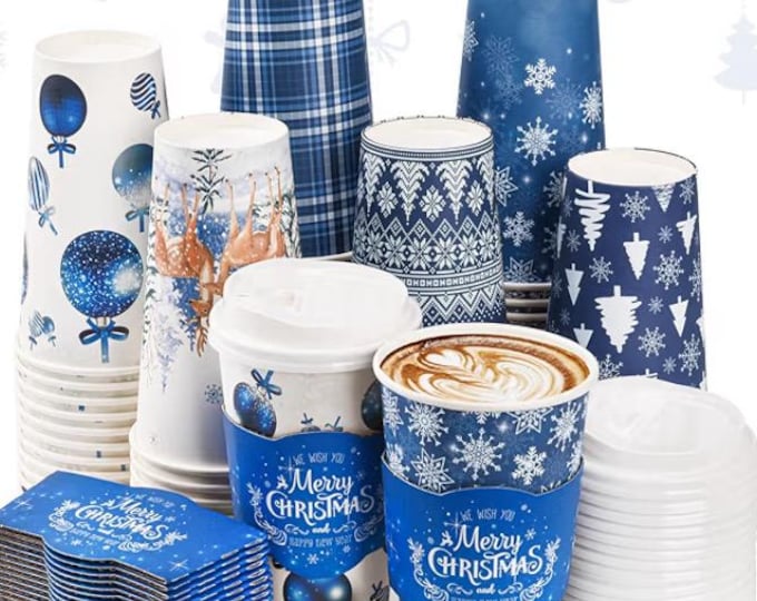 Holiday Paper Coffee Cups with Straws, Sleeves and Lids