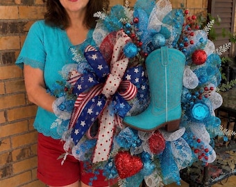 Cowgirl  Glam Boot  Wreath, Western Turquoise Summer Decor
