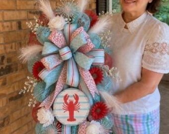 Nantucket Summer Lobster Wreath, Coastal Red White Aqua Door Swag, Beach House Decor, Patriotic Summer Mesh Wreath, Front Door Decor