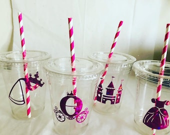 Princess Birthday Party Cups: 16 oz Recyclable Plastic Cups with Straws