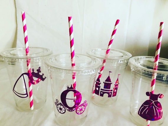 Princess Birthday Party Cups: 16 oz Recyclable Plastic Cups with Straws